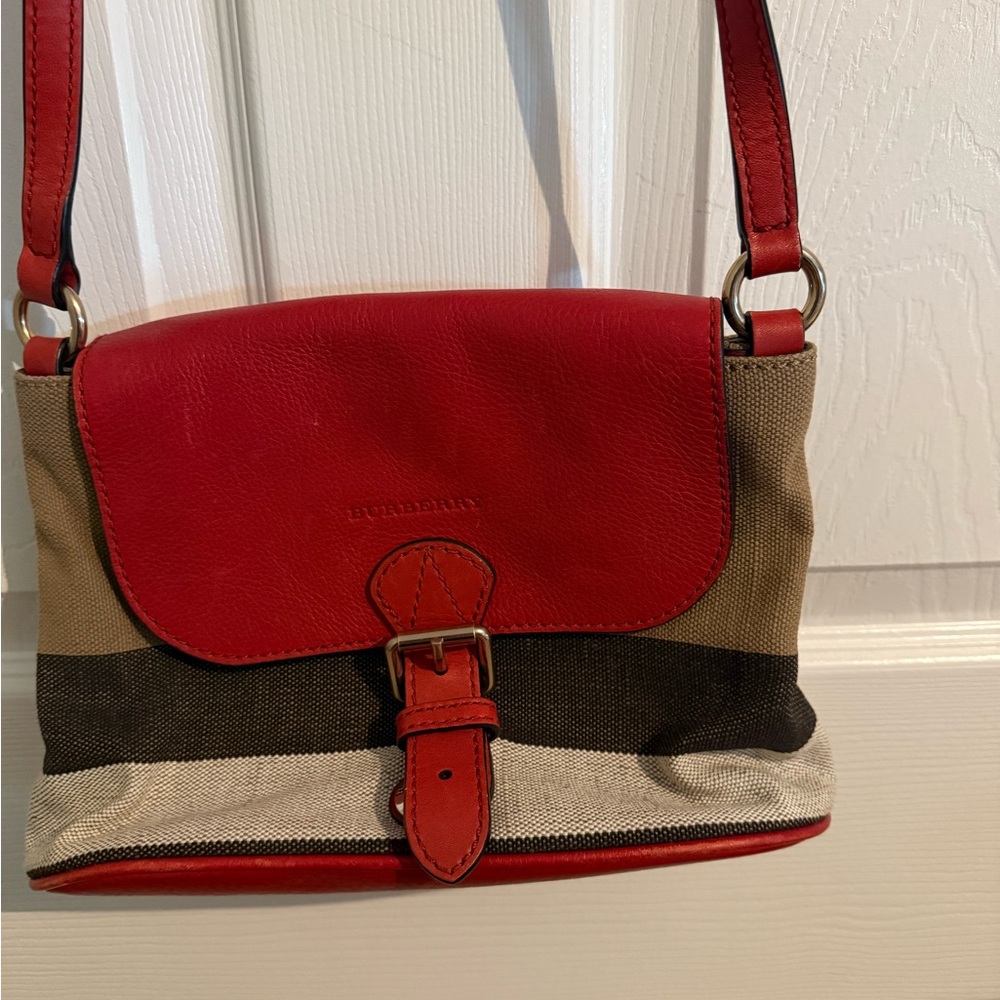 Burberry Red Leather & Canvas Crossbody Bag